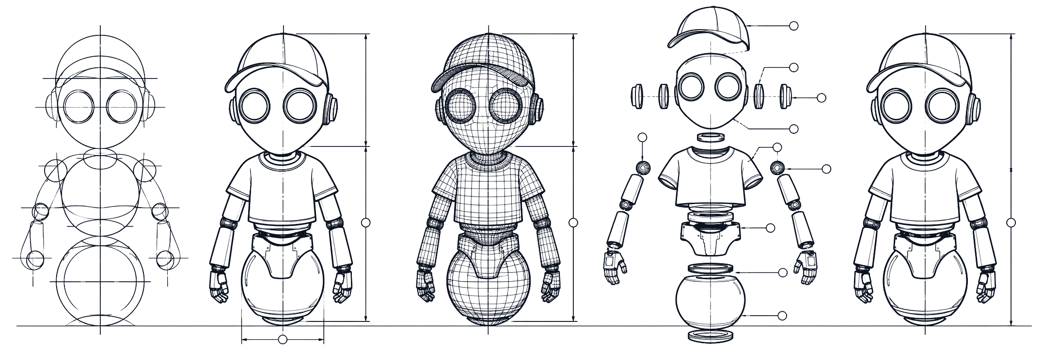 Technical drawing: a vFlects avatar in five stages, from construction lines through outline, wireframe and exploded view to the finished figure