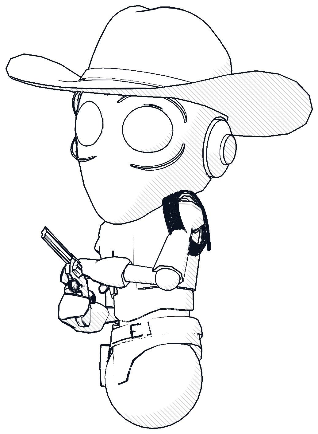 Technical drawing of a vFlects avatar in a cowboy costume, rendered from its 3D model