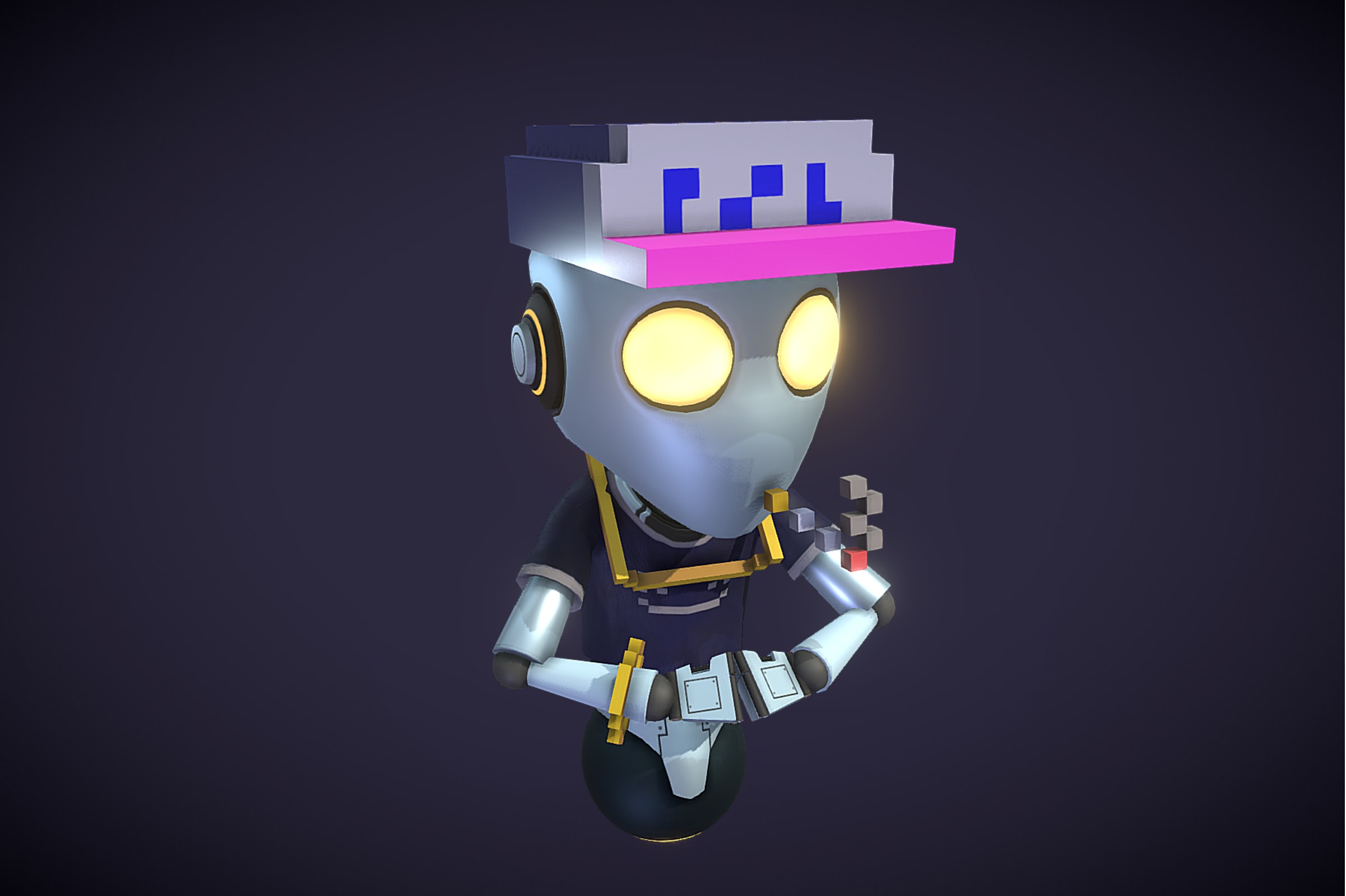 A vFlect robot avatar in a pixel-art costume: a blocky pink and white cap, glowing yellow eyes and a voxel cigarette, on a purple ground.