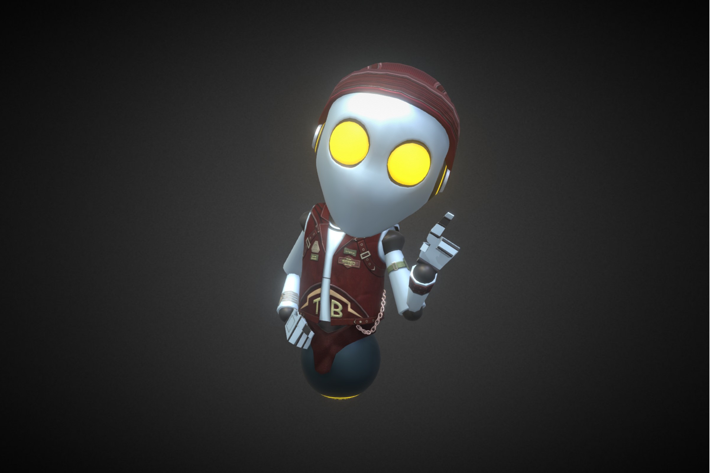 A vFlect robot avatar in a biker costume: dark red leather waistcoat, red headscarf and yellow eyes, on a dark ground.