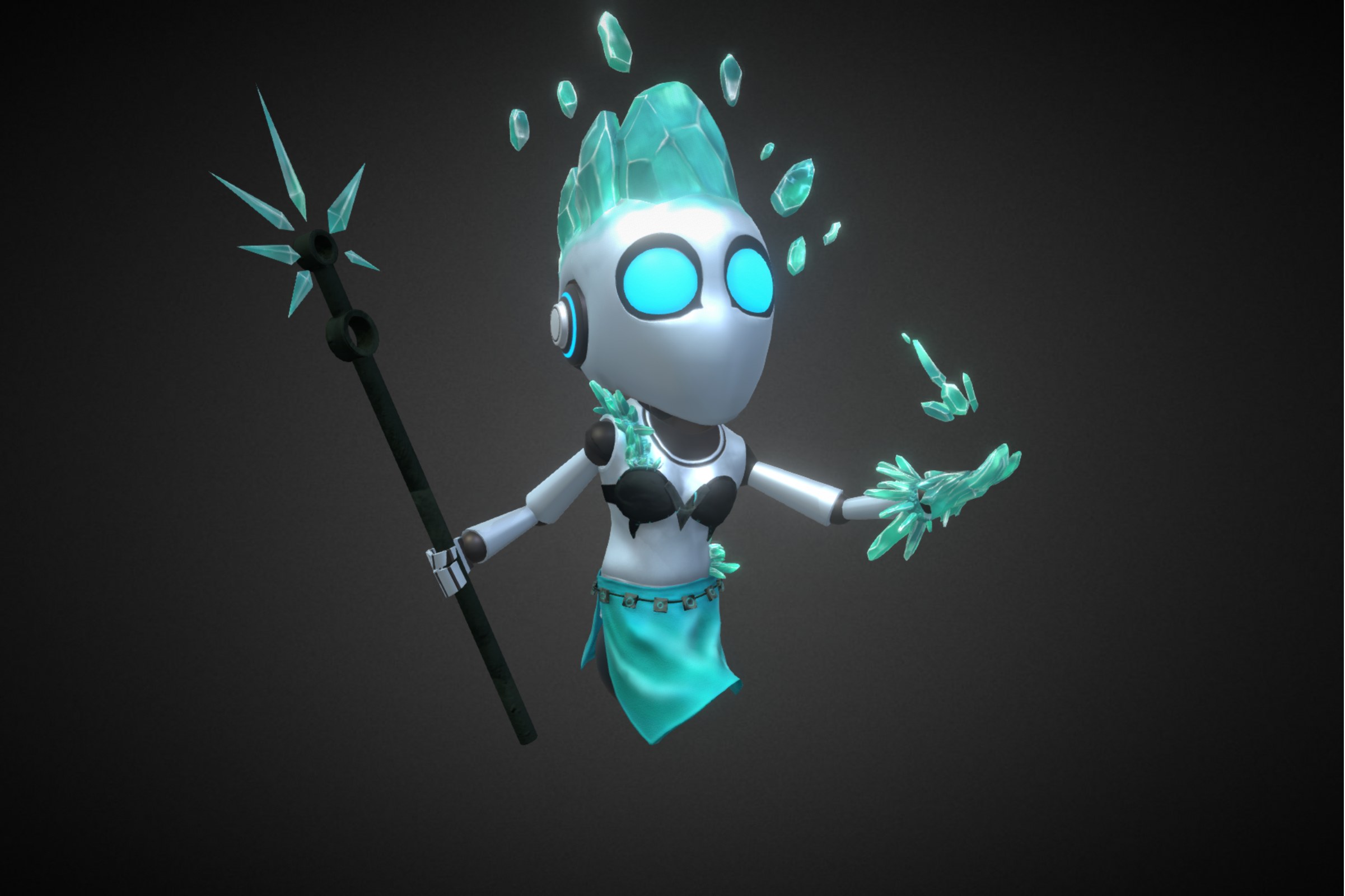 A vFlect robot avatar in an ice costume: teal crystal hair and shards floating around it, holding a spiked staff, on a dark ground.